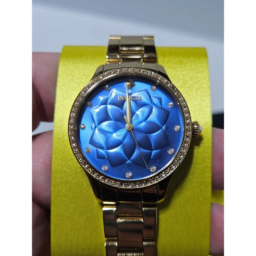 Invicta Wildflower 24537 Women's Gold Tone Blue Flower Dial Quartz Watch W Box